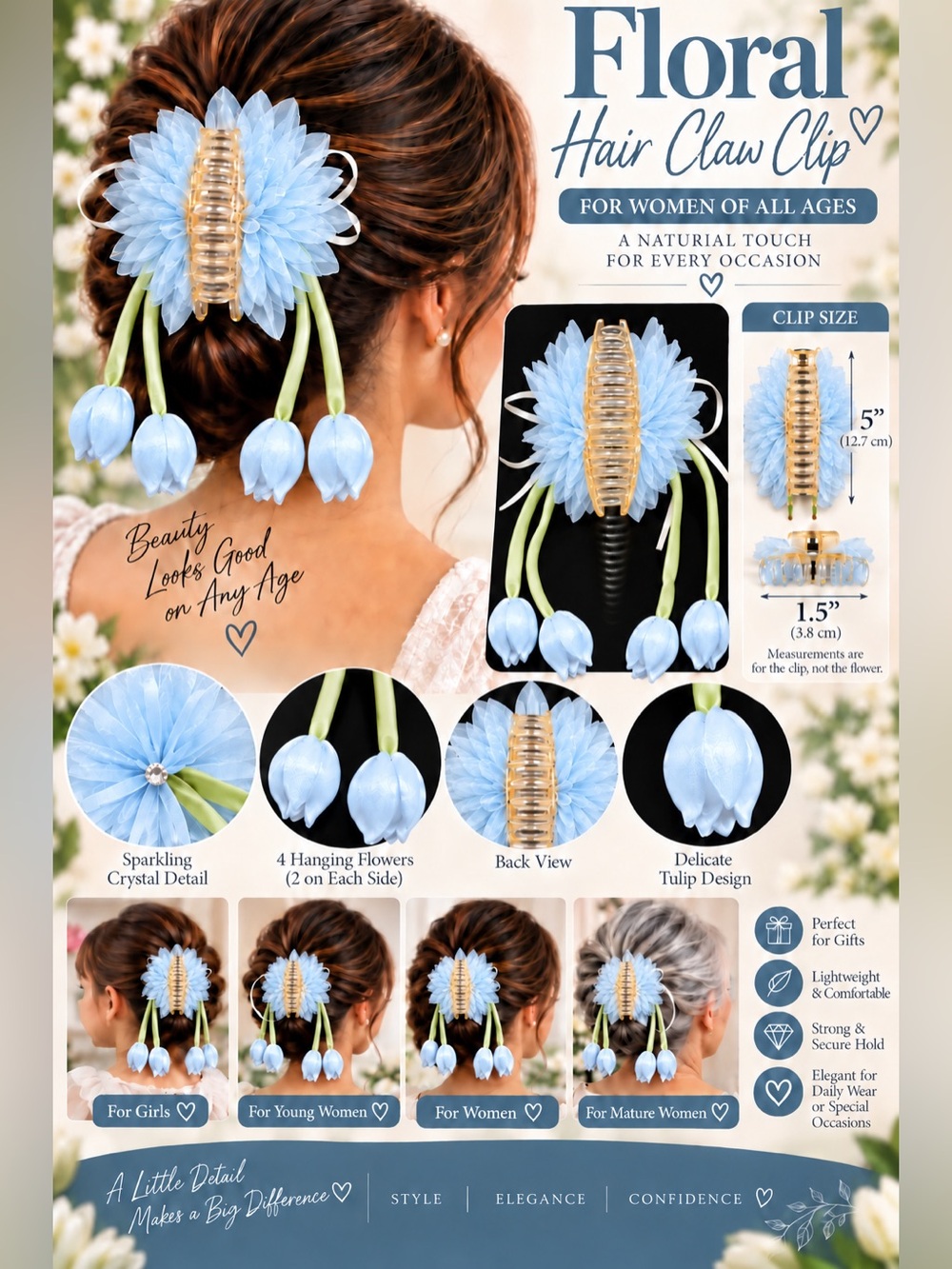 Women’s Floral Hair Claw Clip Ivory Light Blue Flower 4 Hanging Tulips Elegant